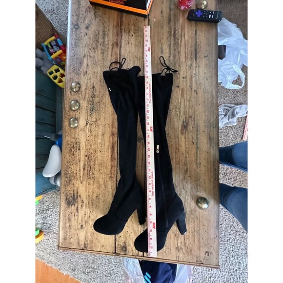 Bamboo Womens Black Above the Knee Boots 7 suede zipper lace closure high boots‎ - Picture 7 of 8